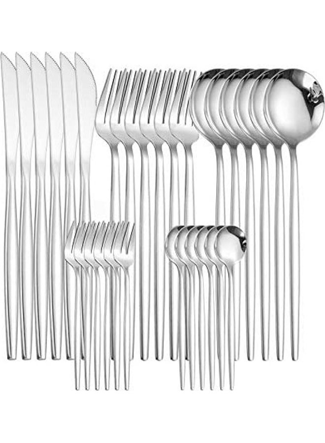 30-Piece Stainless Steel Knife Fork Spoon Full Set Silver for Home Office Restaurant Hotel Silver